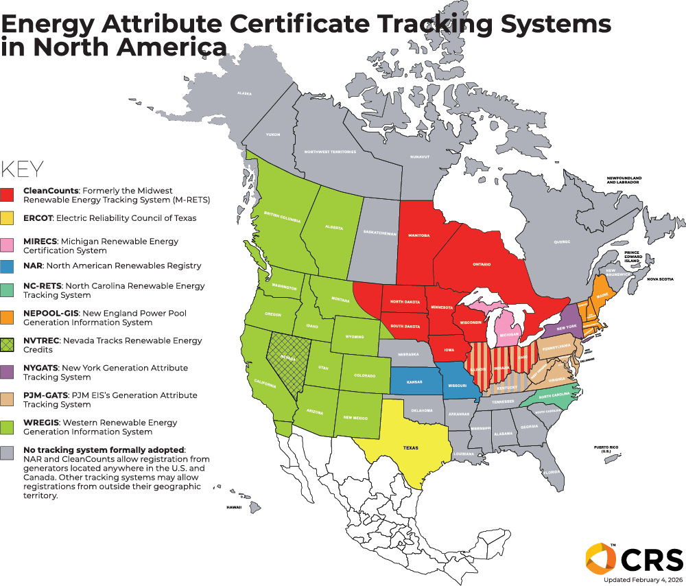 Map of North American renewable energy tracking systems